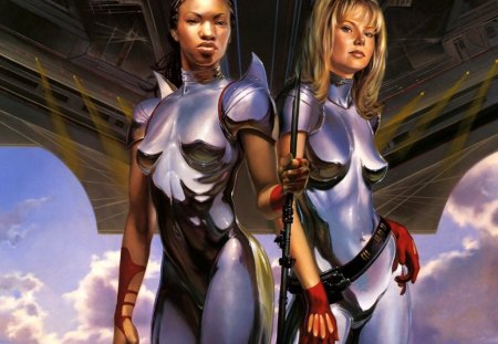 Our Future - women, beauty, two, julie bell, shelter, scifi, clouds, boris vallejo, future, science fiction