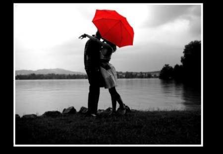 the romantic kiss! - heart, romantic, beautiful, girl, lovely, love, boy, care, umbrella, red, cute, friends, kiss, black and white, nice, couple