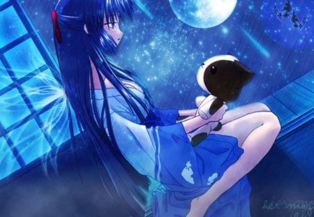 Her Magic Wish - moon, stuffed animal, girl, female, cat, anime girl, blue, anime, teddy bear