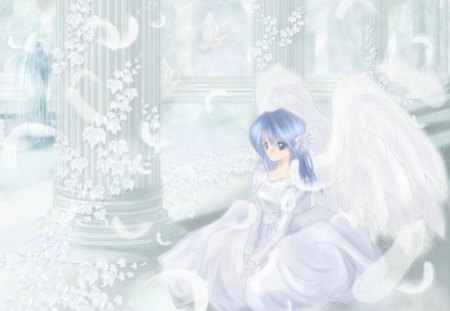 White Wedding - anime, anime girl, female, dress, girl, angel, white dress, white, wings, feathers