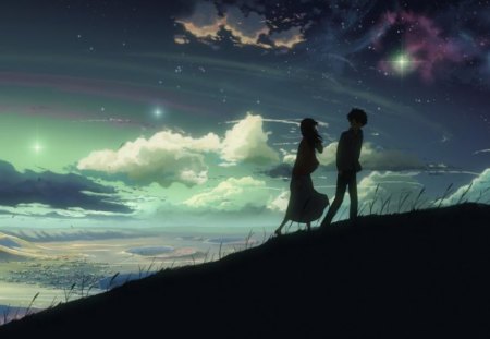 Starry Dreams - stars, girl, couple, boy, anime, night, colors, dusk