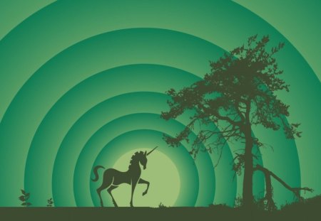 Unicorn in the Sunset - vector, silhouette, arches, prance, horn, green vector, horse, green, tree, unicorn