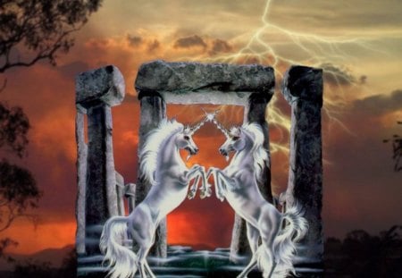 Two Unicorns - horses, lightning, clouds, arch, tree, pillars, unicorn, horns