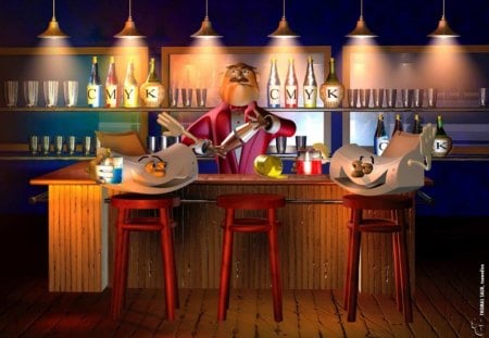 FUNNY BARTENDER - bar, stools, lights