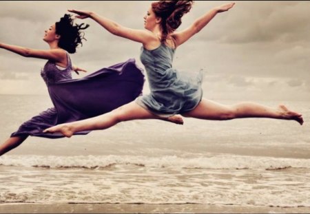 dance - artistic, women, legs, sea, dance, hair, sky