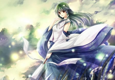 Touhou - sky, girl, frog, long hair, kochiya sanae, touhou, snake, anime, grass