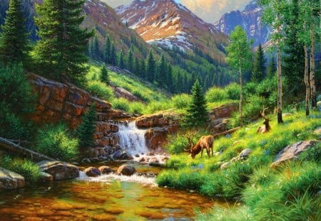 High country hideout - pretty, summer, high, spring, mountain, animal, nice, greenery, beauty, stones, hideout, river, nature, deer, green, serenity, quiet, creek, stream, grass, calmness, shore, ely, sky, mountainscape, trees, beautiful, slope, lovely, peaks, rest, painting, country