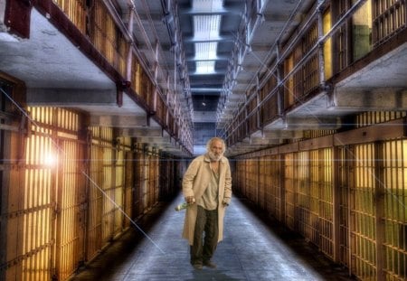 Drunk - old man, HDR filters in photoshop, laser, prison, blackground