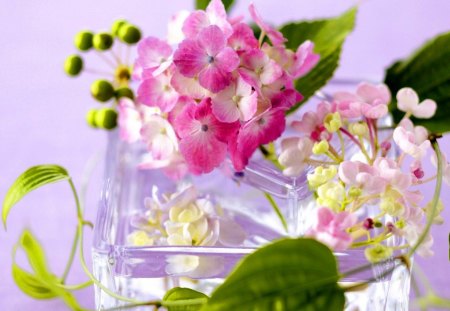 Bits of spring - ribbon, pink, flowers, vase, leaves