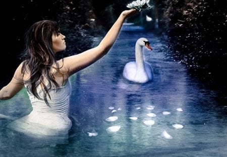 Time Past - swan, lady, girl, bath, water, fantasy