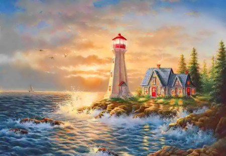 Cottage on seashore - nice, cottage, sky, water, coast, villa, storm, painting, view, pretty, reflection, clouds, seashore, house, ocean, lighthouse, summer, shore, lovely, waves, nature, village, rough, beautiful, cabin, sea