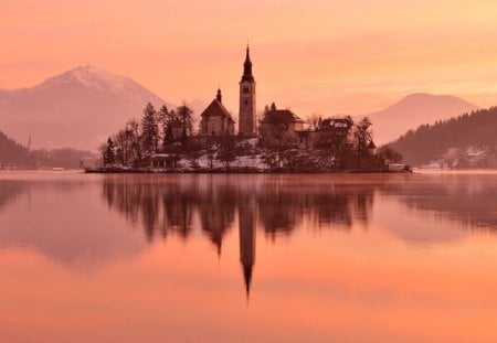 Reflection - island, lake, winter, reflection