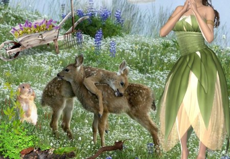 In the Field - deer, girl, field, flower, bunny