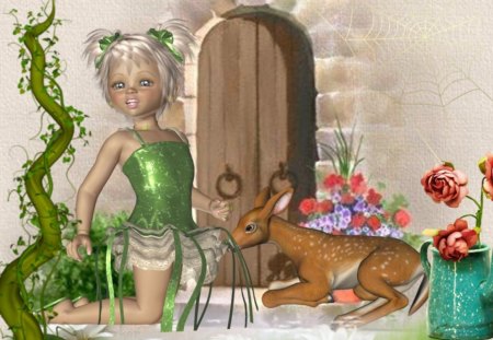 Summer day - summer, deer, girl, fairy, spring, flower