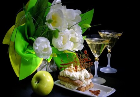 Tulips and wine - white, glasses, tulips, green, dessert, wine, apple