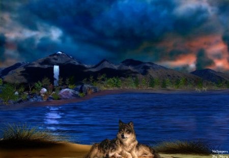 Blue Suede Lake - wolf, wolves, lakes, water, mountains, waterfalls