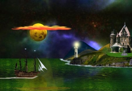 Cool Castle 1600x900 - moon, oceans, lighthouses, castle, ships, castles