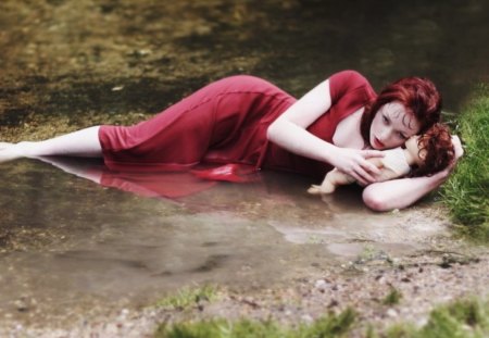 Woman in red - woman, style, doll, red dress, lying