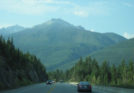 BC Highways to Shuswaps Lakes - mountains, roads, highways, blue, sky, clouds, photography, trees, cars, green