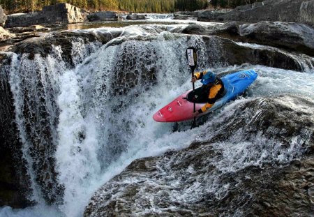 Kayaking over Elbow Falls - waterfall, mountains, rocks, kayak