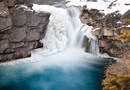 Elbow Falls in Winter - winter, ice, waterfall, rocks