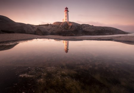 reflection of a lighthouse - lighthouse, beach, pool, reflection, rocks