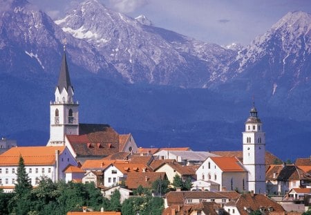 church in a town in slovenia - town, church, mountains, bell tower