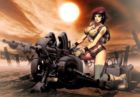 Military Mistress - tattoo, soldier, female, grenades, boots, weapons, beret, turret, thigh highs, sky