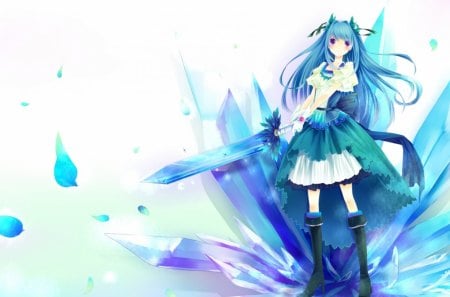 ~The Crystal Warrior~ - warrior, sword, fantasy, crystals, petals, anime, girl