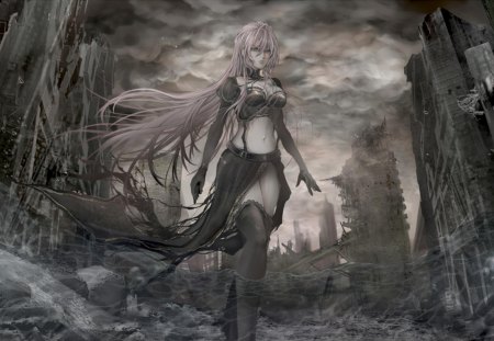 Time of Armageddon - luka, thigh highs, lone, female, girl, pink hair, buildings, vocaloid, megurine luka, clouds, rubble, megurine, luka megurine