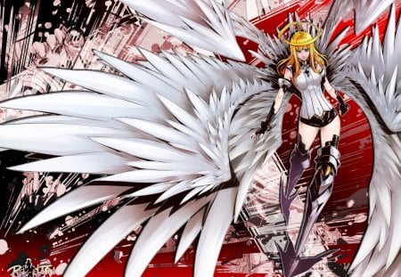 Revelation Angel - thigh highs, lone, female, girl, angel, wings, anime girl, blonde hair, shorts, anime