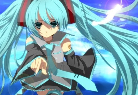 Hatsune Miku - anime, vocaloid, female, twintail, hatsune miku, green eyes, green hair, long hair, superstar, sky, idol, twin tails, anime girl, twintails, hot, singer, girl, feather, miku, diva, cloud, cute, sexy, vocaloids