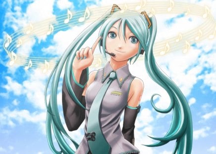 Hatsune Miku - headphone, anime, vocaloid, female, twintail, hatsune miku, green eyes, green hair, long hair, music notes, music, superstar, notes, sky, idol, twin tails, anime girl, realistic, twintails, hot, singer, girl, feather, cg, miku, diva, cloud, cute, 3d, sexy, vocaloids