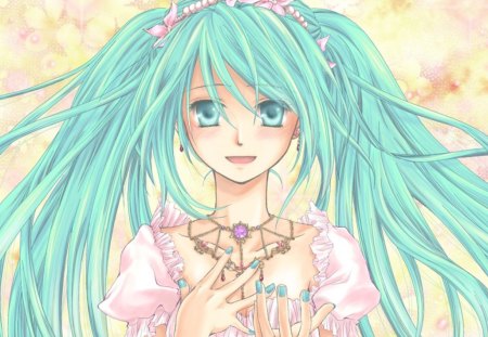 Hatsune Miku - female, twintail, anime girl, anime, miku, cute, hatsune miku, girl, twintails, long hair, vocaloids, green eyes, twin tails, vocaloid, smile, green hair, happy