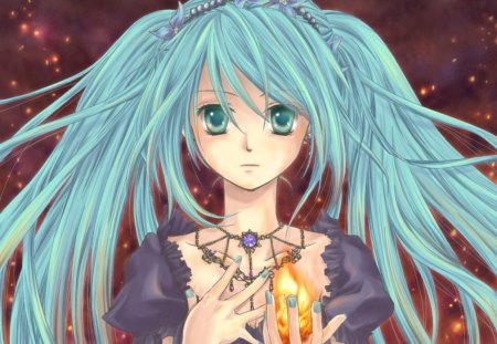 Hatsune Miku - anime, vocaloid, female, twintail, hatsune miku, green eyes, green hair, long hair, fire, twin tails, anime girl, twintails, girl, flame, miku, cute, vocaloids, blaze