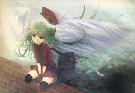 ~The Hesitant Angel~ - brick wall, feathers, hat, angel, long hair, white wings, lovely, green eyes, anime, green hair