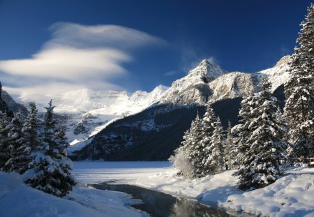 ~Lake Louise~ - season, alberta, lake, sky, mountain, trees, landscape, water, winter, snow, beautiful, clouds, canada