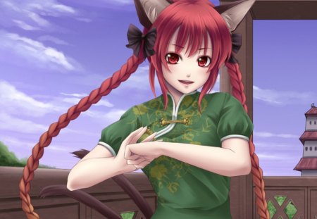 Kaenbyou Rin - anime, female, ears, twintail, nekomimi, long hair, red hair, oriental, touhou, sky, neko, anime girl, hot, girl, chinese, red eyes, kaenbyou rin, braids, redhead, neko mimi, cloud, cute, sexy