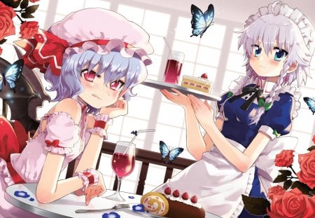 Touhou Cake - female, roses, water, wings, anime girl, bouquet, rose, touhou, table, anime, food, cute, drink, braid, girl, long hair, hungry, cake, butterfly, chair, floral, wing, blossom, maid, flower