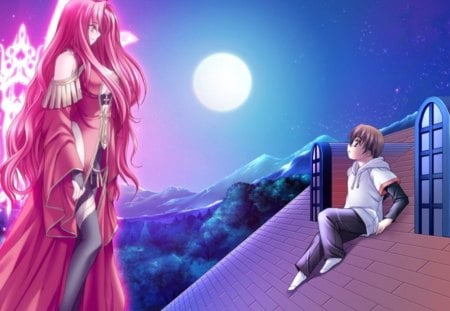 I'm your Guardian Fairy - hot, magic, wings, anime girl, view, giant, window, sexy, scenic, mountain, light, long hair, fairy, huge, dress, sky, female, fantasy, anime, cute, scene, moon, hill, male, girl, pink hair, night, gown, roof, star, wing, boy, big, scenery