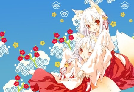 ~Friends To The End~ - flowers, girls, clouds, tails, anime, animal ears, friends