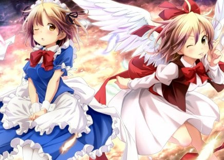 ~Gengetsu & Mugetsu~ - dresses, anime, Mugetsu, wink, angel, girls, Gengetsu, touhou, wings, feathers