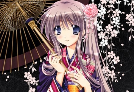 Umbrella - flower, cute, black, kawaii, blossom, dark, anime, yukata, anime girl, umbrella, long hair, petals, floral, female, kimono