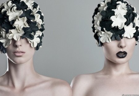 b&w - white, black, flowers, hats, fashion