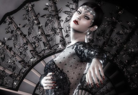 Black Lace - black, fantasy, woman, fan, lace