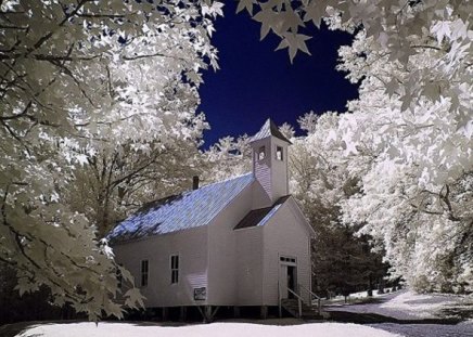 Cades Cove Baptist Church - white, winter, snow, church, architecture