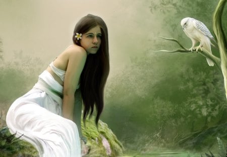 Little white Bird - white, girl, fantasy, bird