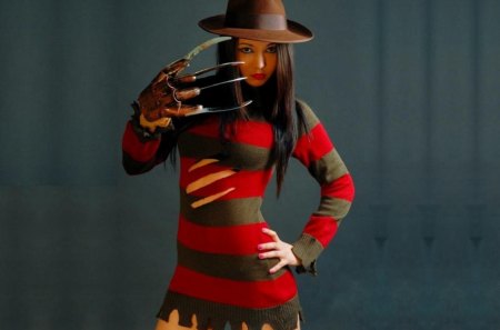 BrunetteFreddy krueger costume - hat, costume, model, girl, brunette, claws