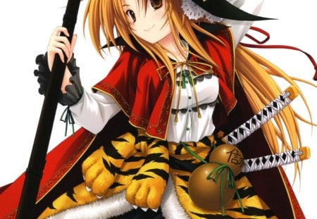 Cute Warrior - anime, female, dress, blonde, blond hair, long hair, goard, blond, plain, katana, ribbon, weapon, claws, brown eyes, hat, gown, anime girl, hot, girl, sword, simple, blonde hair, blade, fur, white, cute, sexy, stripes