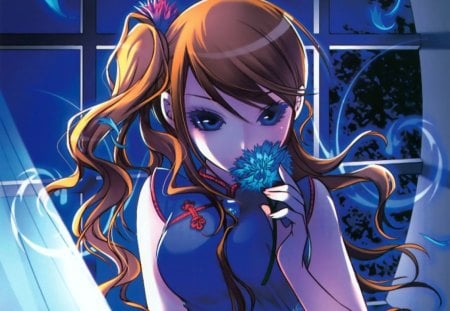 Shappire - hot, anime girl, elegant, window, petals, oriental, lady, sexy, blue eyes, long hair, divine, floral, beautiful, sweet, chinese, nice, beauty, female, brown hair, gorgeous, pretty, anime, amour, cute, maiden, girl, night, lovely, sublime, blue, blossom, flower, adore